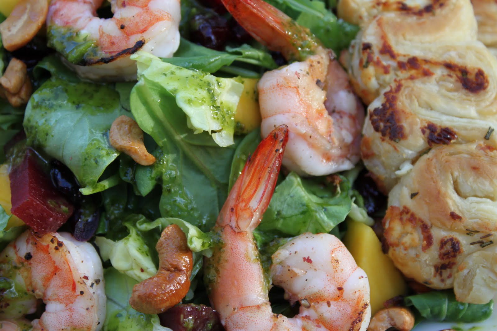 Pan Seared Shrimp Salad with Beetroot, Mango, Candied Cashews and Honey