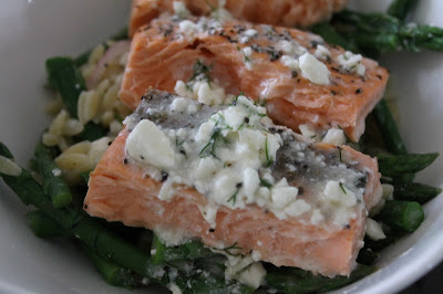 salmon, asparagus and orzo salad with lemon dill vinaigrette