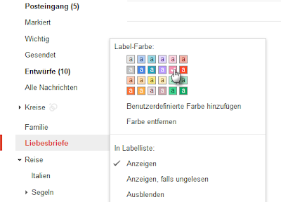 Ein Screenshot zeigt die Farbauswahl für Kategorien in Google Mail
