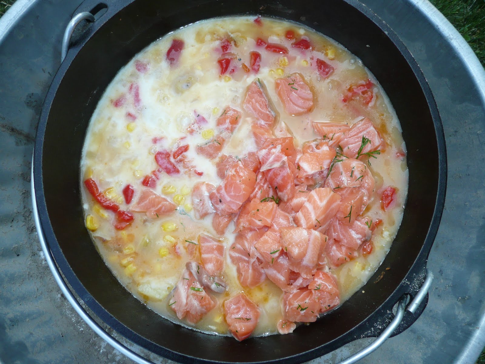 Everyday Dutch Oven Salmon and Corn Chowder