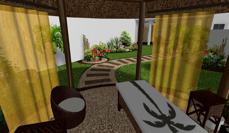 diseño de jardin con kiosko redondo para masage spa