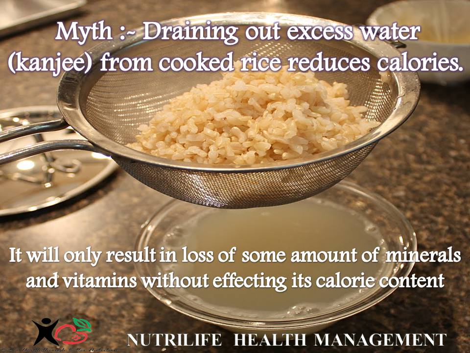Myth Draining out excess water (kanjee) from cooked rice reduces