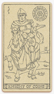 Knight of Coins card - inked illustration - In the spirit of the Marseille tarot - minor arcana - design and illustration by Cesare Asaro - Curio & Co. (Curio and Co. OG - www.curioandco.com)