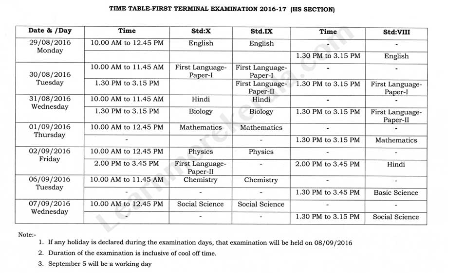 Kerala HS Section first Terminal Exam Time Table 2016 Kerala HS Section first Terminal Exam Time Table 2016