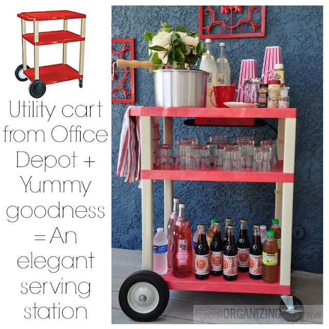 A utility cart + yummy goodness = a CUTE beverage station | OrganizingMadeFun.com