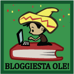 Bloggiesta mascot boy with sombrero on computer