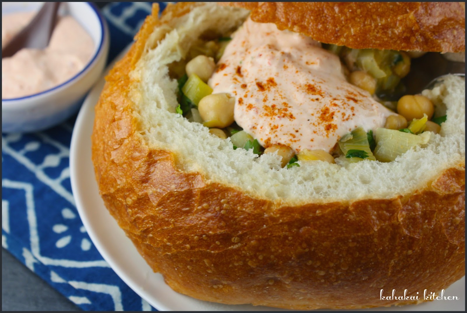 Kahakai Kitchen Chickpea, Leek, and Bread Soup with Harissa Yogurt for