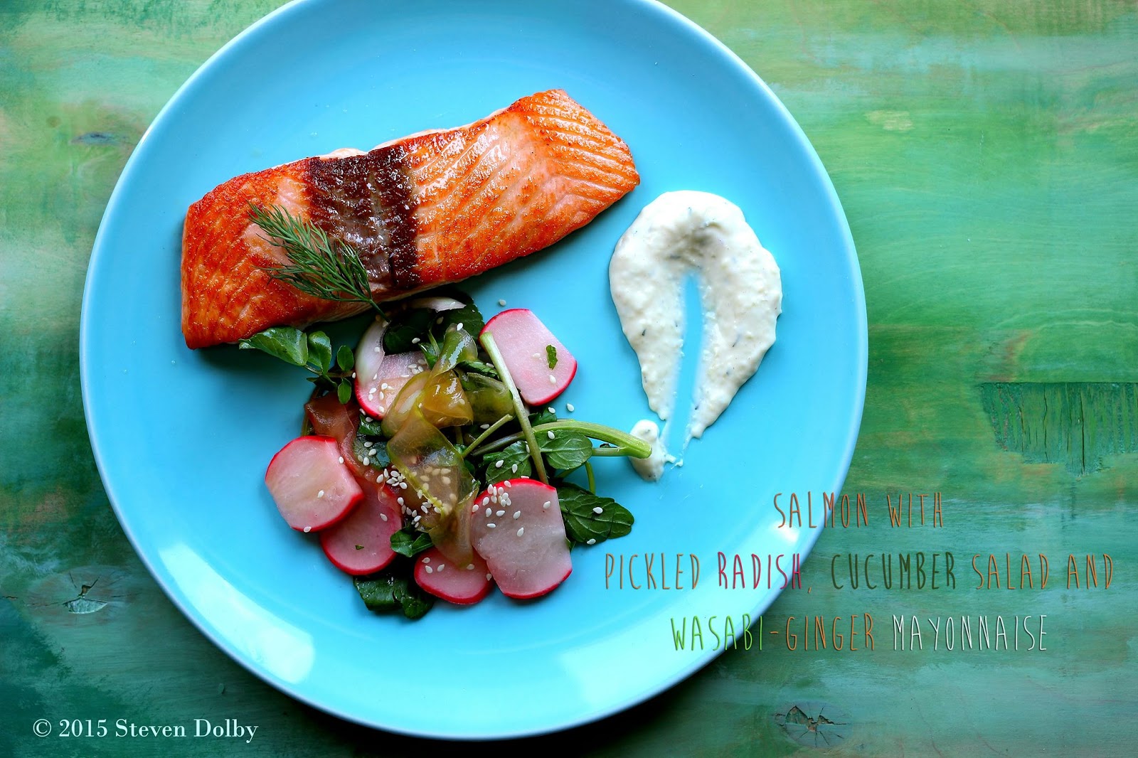 Salmon with Pickled Radish, Cucumber Salad and WasabiGinger Mayo by