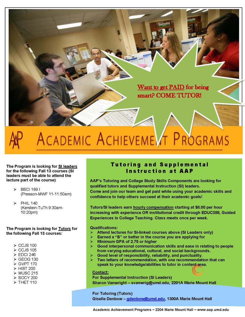 u of maryland honors college aap paid job opportunities tutoring supplemental instruction flyers