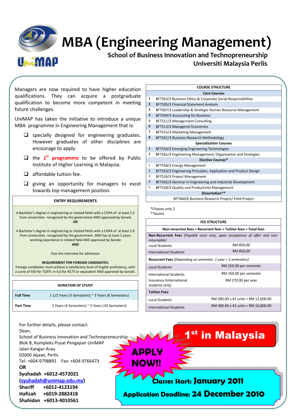 My MBA Journey MBA (Engineering Management) in UniMAP