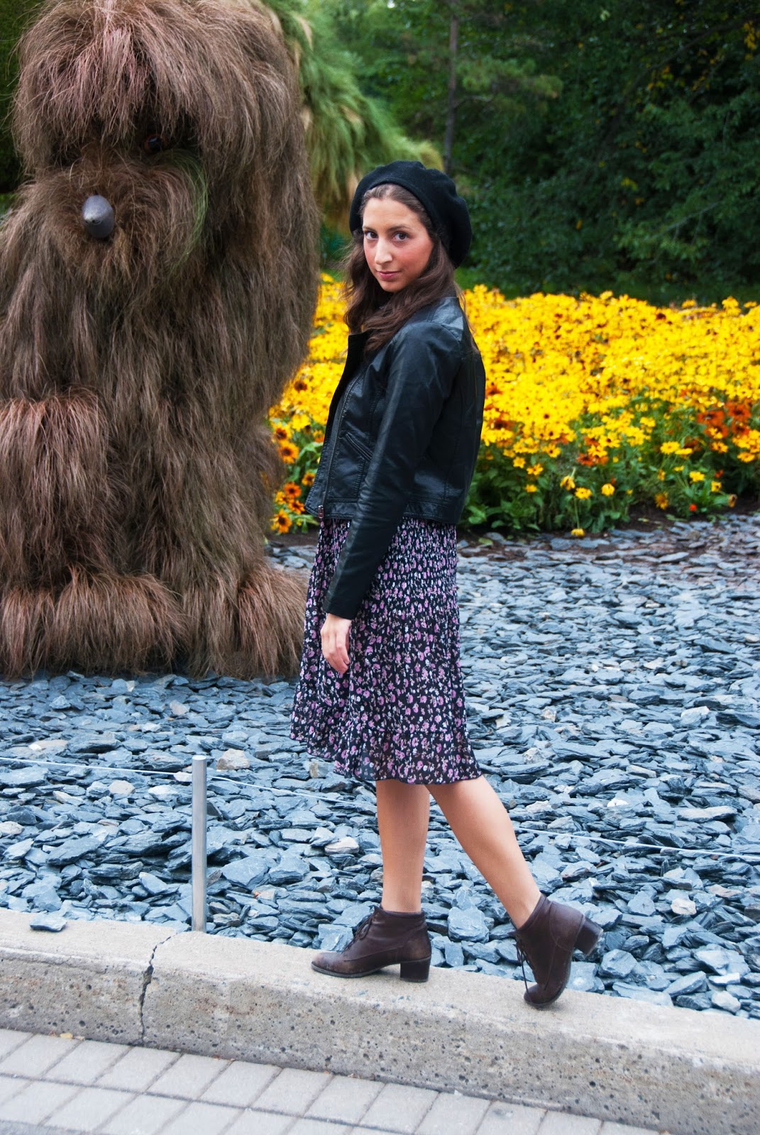 floral dress leather jacket black beret brown booties vintage horticultural sculptures fashion botanical gardens