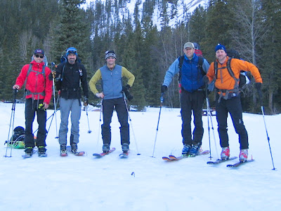 The group ready to skin into Stanley Mitchell hut.
