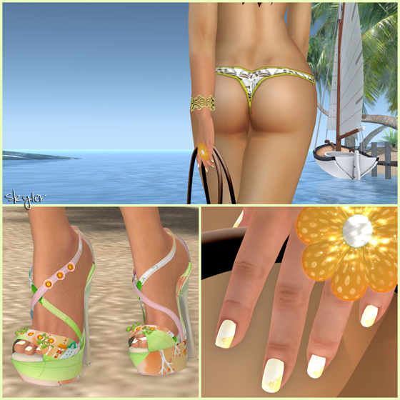 SL Outfit of the Day: Yellow Summer Beach Bikini featuring freebies from 187, IVY'S MIX, K, FINESMITH, Inkheart, Style by Kira, EMO-tions, Lemomo, LUMAE