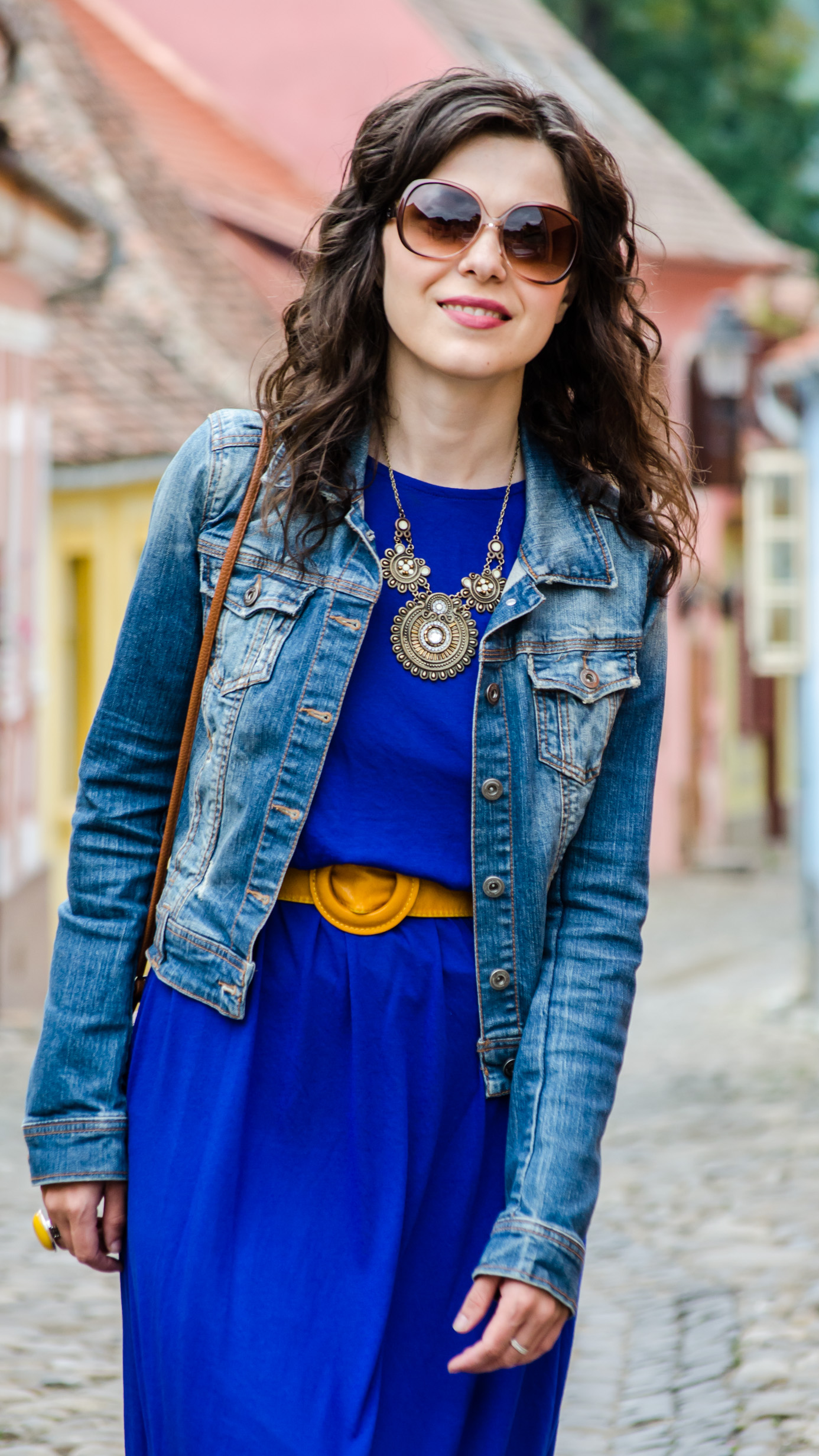 maxi dress cobalt blue mustard flats H&M belt sighisoara