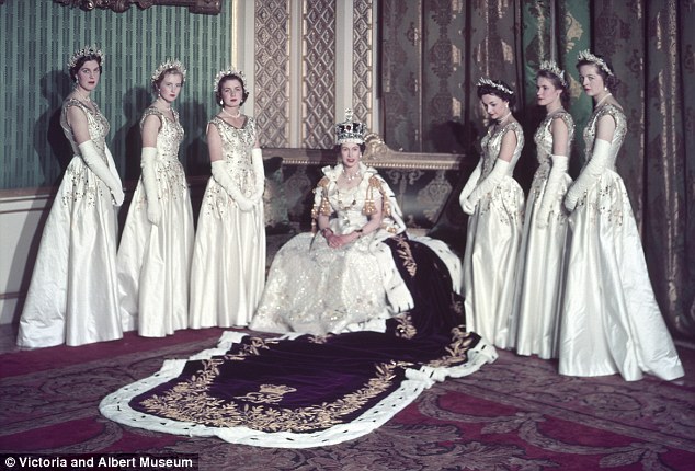 The maids of honor, L to R Lady Moyra Hamilton, Lady Anne Coke, Lady Jane Vane,Tempest,Stewart, Lady Mary Baillie,Hamilton,