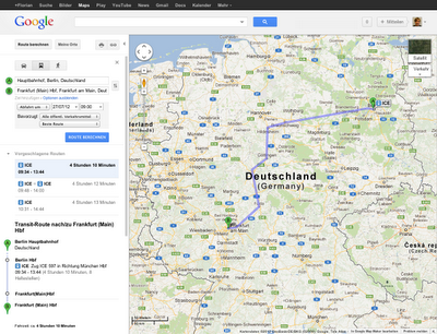 Google Maps Anzeige von der Stecke Berlin Frankfurt mit dem Zug.