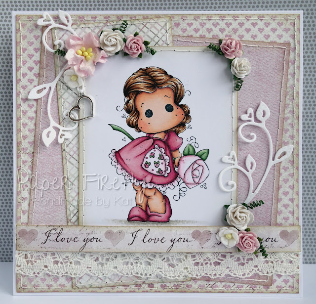 Pink romantic card featuring Tilda with large rose