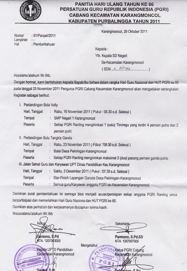 ARSIP SIRAU Undangan PGRI untuk TK P2 dan SDN 1 Sirau