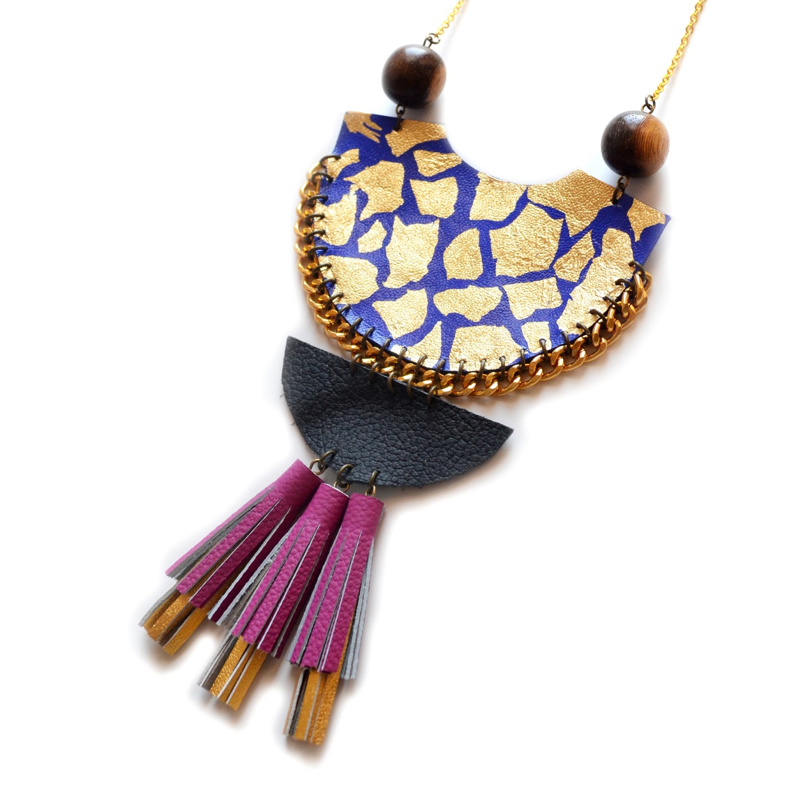 Boo and Boo Factory Gold Leaf Statement Necklace and Fun Leather Earrings