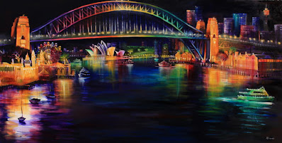 Oil Painting inspired by Vivid festival- Nocturne of Sydney Harbour Bridge  from Lavender Bay painted by artist Jane Bennett