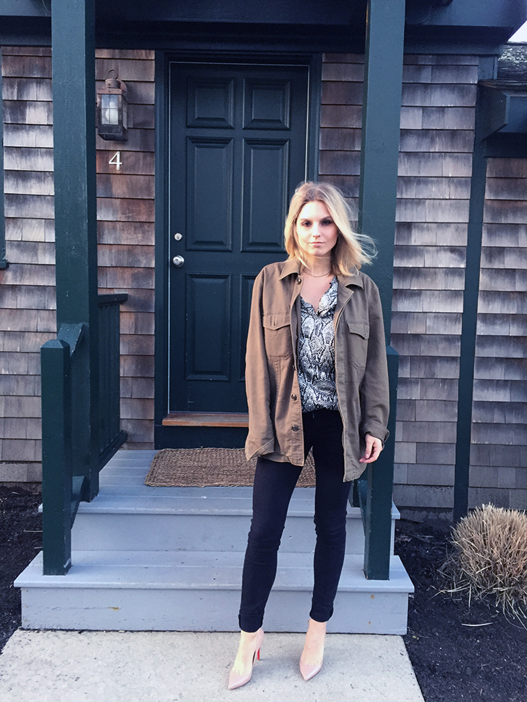 Fashion Over Reason in Newport RI, Gap men's military jacket, Vince black skinny jeans, Christian Louboutin Pigalle nude pumps, Zara snake print tunic, sunset glow Fashion Over Reason in Newport RI, Gap men's military jacket, Vince black skinny jeans, Christian Louboutin Pigalle nude pumps, Zara snake print tunic, sunset glow