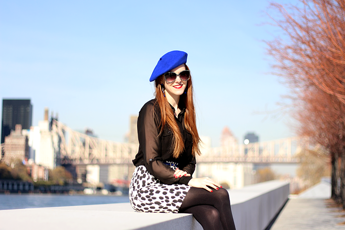 New York Fashion Blogger outfit with cobalt blue beret, red hair and dalmatian print skirt