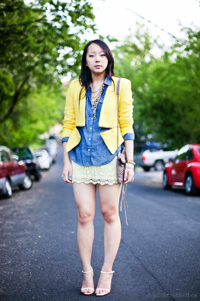 yellow zipper zara tweed jacket, forever 21 chambray shirt, zara yellow lace skirt, rebecca minkoff studded bag, zara ss2012 shoes, austin street style, austin fashion blog, texas style blog, diya liu