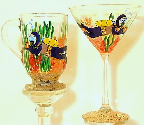 Scuba Diver Hand Painted Glassware - Kudos Kitchen by Renee Hand Painted Scuba Diver coffee mug and martini glass - www.kudoskitchenbyrenee.wazala.com