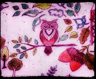 A pencil-colored owl with decorative acorns and greenery