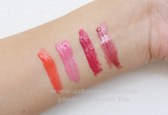 a swatch photo of Revlon Ultra HD Lip Lacquers in shades Sunstone, Pink Sapphire, Garnet and Rose Quartz.