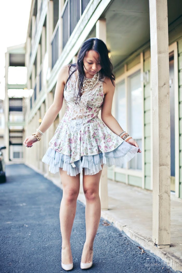rococo, dog and pony vintage floral romper one piece, asos tutu blue mini skirt, casadei nude patent pumps, forever 21 pearl necklaces, amrita singh gold pearl necklace, pearl bracelets jewelry, fashion blog, austin fashion blog, austin street style, texas, diya liu