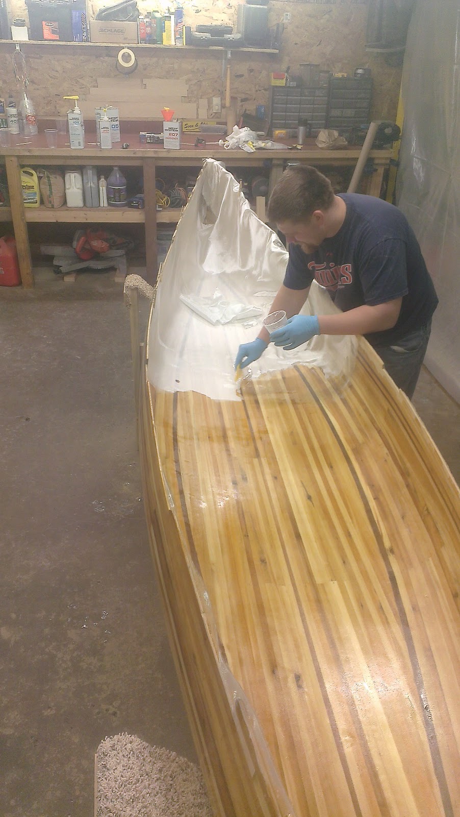 Cedar Strip Canoe Fiberglassing the inside