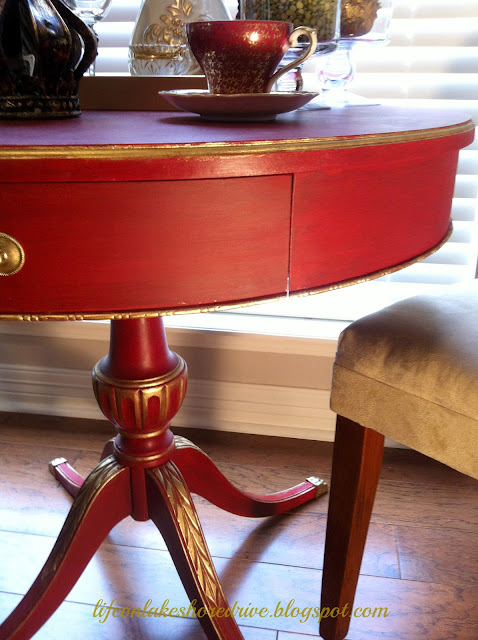 Annie Sloan Emperor's Silk Red Chalk Paint Table Makeover, gold gilding wax, tutorial, dark wax, diy