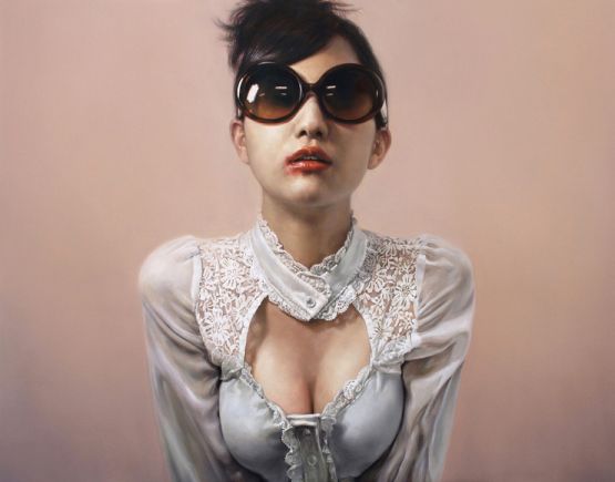 Guk Hyun Lee pinturas hiper realistas mulheres batom manchado óculos escuros máscaras