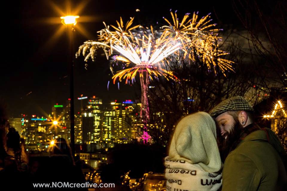Space Needle fireworks light up Jen and Nate's wedding - Ben Lucas, NOMcreative New Year's Eve wedding at the Space Needle - Patricia Stimac, A Heavenly Ceremony