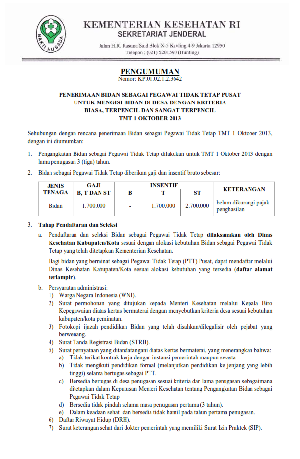 PENGUMUMAN PENERIMAAN BIDAN PTT PUSAT PERIODE OKTOBER 2013