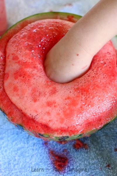 Foamy watermelon scented eruptions - summer fun science for kids!