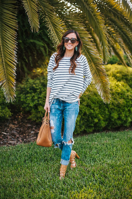 distressed denim, blanknyc denim, blankny denim, dolce vita heels, dolce vita nakita heels, stem long sleeve stripe top, stem long sleeve raglan tee, kendra scott earrings, chalcedony, skylar earrings, kendra scott skylar earrings, tory burch robinson square tote, karen walker sunglasses