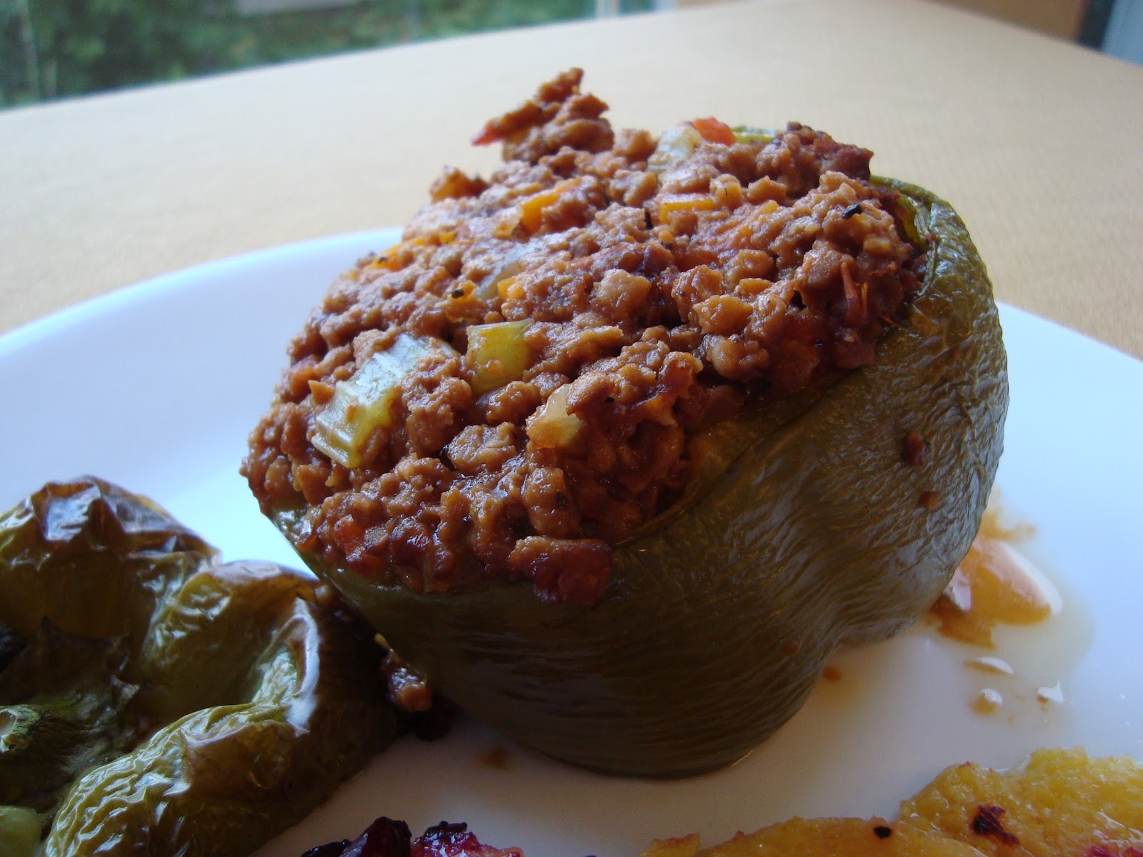 Eat your veggies Green Bell Peppers stuffed with Soy Beef Crumbles