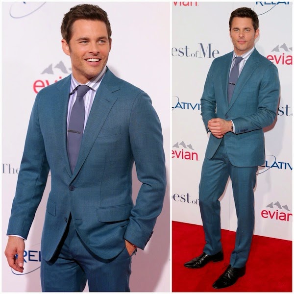James Marsden wears Thom Sweeney teal coloured suit to The Best Of Me premiere Los Angeles October 2014