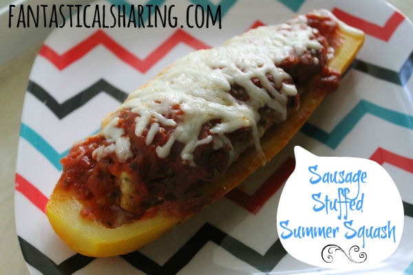 Sausage Stuffed Summer Squash | Yellow squash or zucchini stuffed with sausage and traditional spaghetti toppings