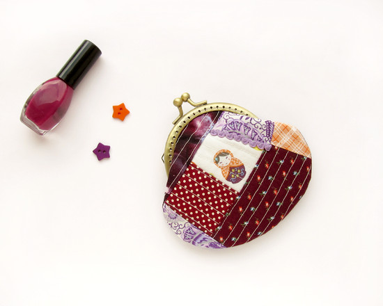 burgundy patchwork purse, лоскутной кошелек matryoshka patchwork purse, кошелек с матрешкой