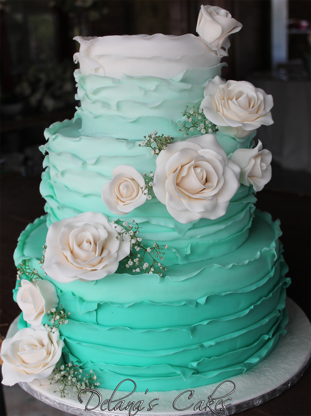 Delana's Cakes Mint ombre ruffled wedding cake