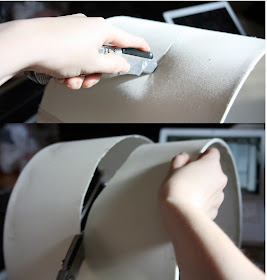 cutting a lampshade for a ceiling fan makeover