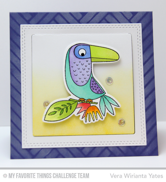 Colorful Bird Card by Vera Wirianta Yates featuring the Birds of Paradise stamp set and Herringbone Bricks stencil #mftstamps