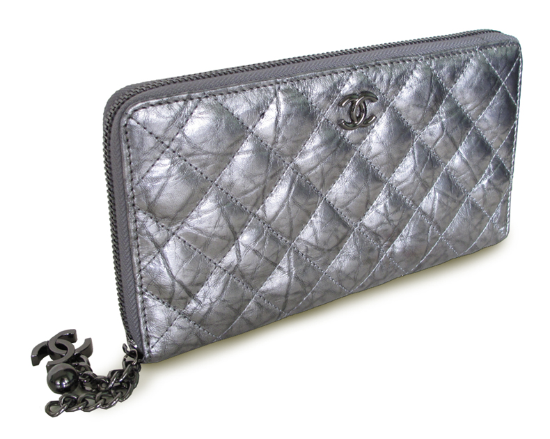 Luxe Bags Chanel Long Zipped Quilted Wallet in edgy silver