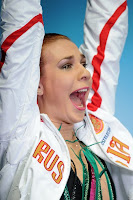 Alena Leonova celebrates with the Russian crowd after her solid free skate. Photo courtesy Daylife.