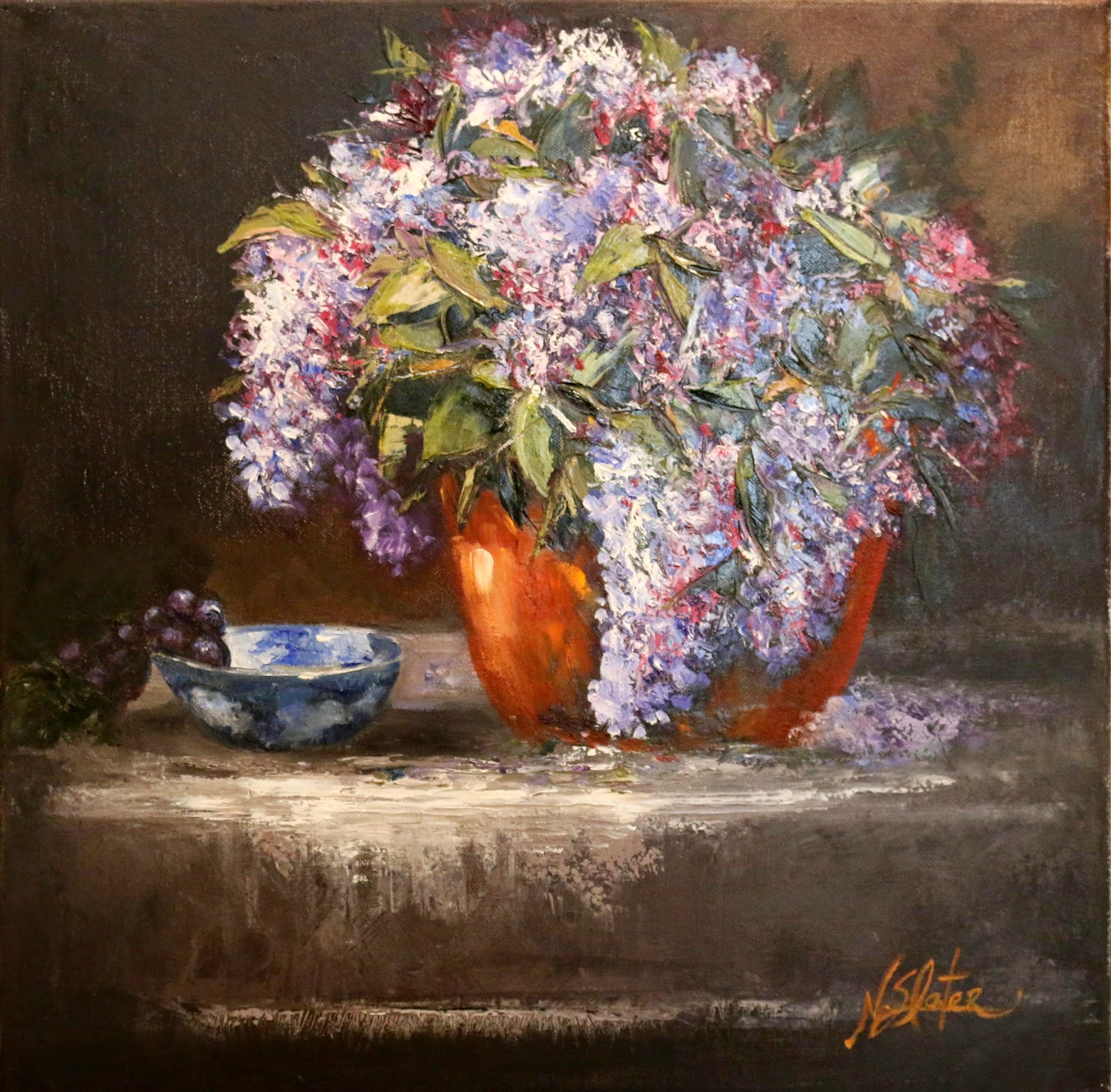 Weekly paintings by Nicole Slater Week 3 of 52 oil paintings "Lilacs in Copper Pot" 2/1/2014