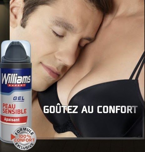 Une publicité Williams où un homme rasé pose sa tête sur les seins d'une femme