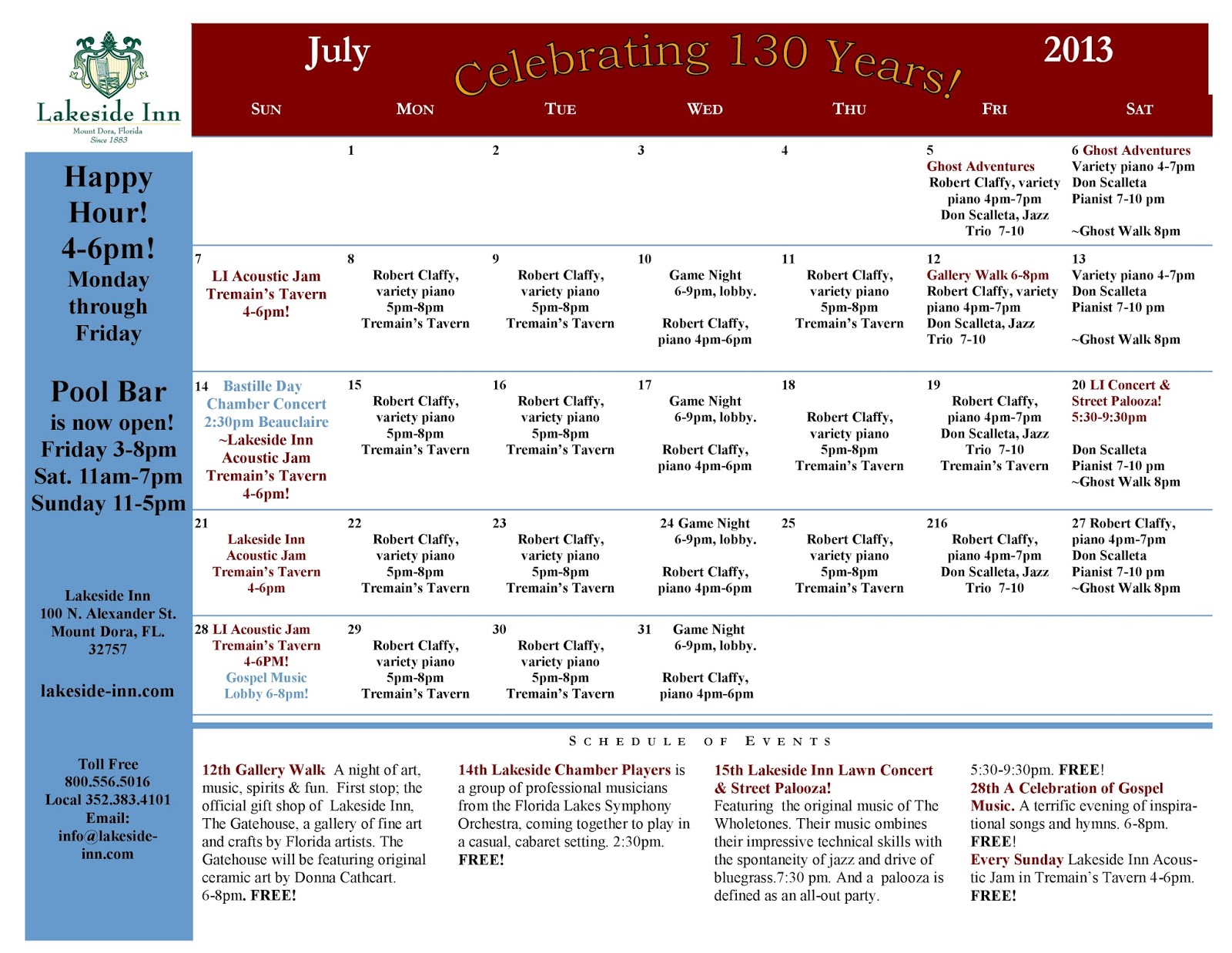 What To Do In Mount Dora Lakeside Inn Event Calendar for the Month of July
